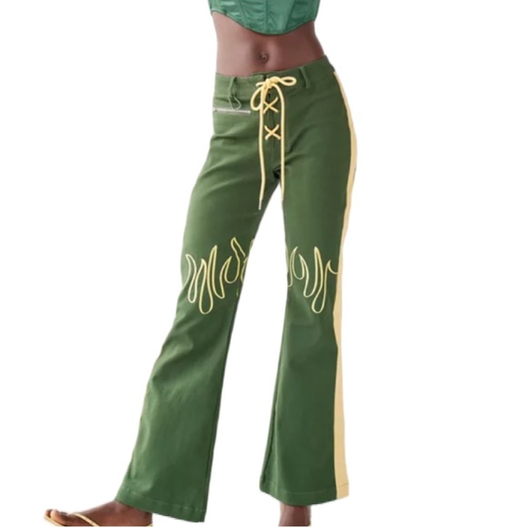 House of Sunny Pants - NWOT House of Sunny Flare Pants Tie up Embroidered Sz 2